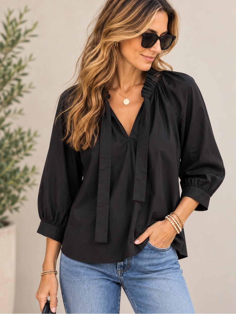 Rails Amal Black V-Neck Tie-Neck Blouse